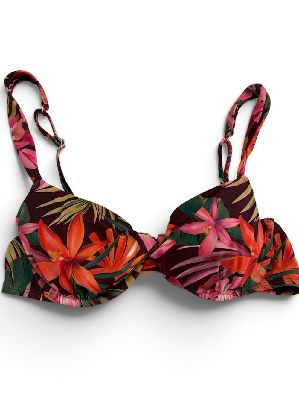 NWT Shade & Shore Burgundy Tropical Print Underwire Twist Front Bikini Top 36B